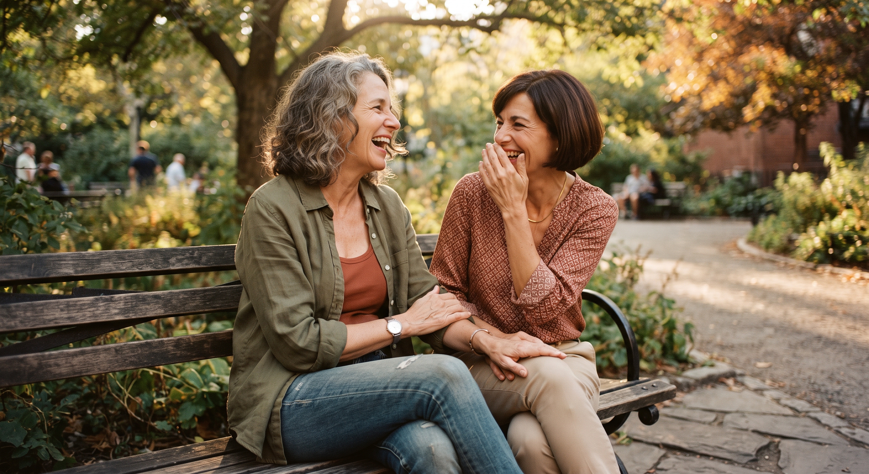 A small group of friends in their fifties laughing together around a wooden table in a cosy café