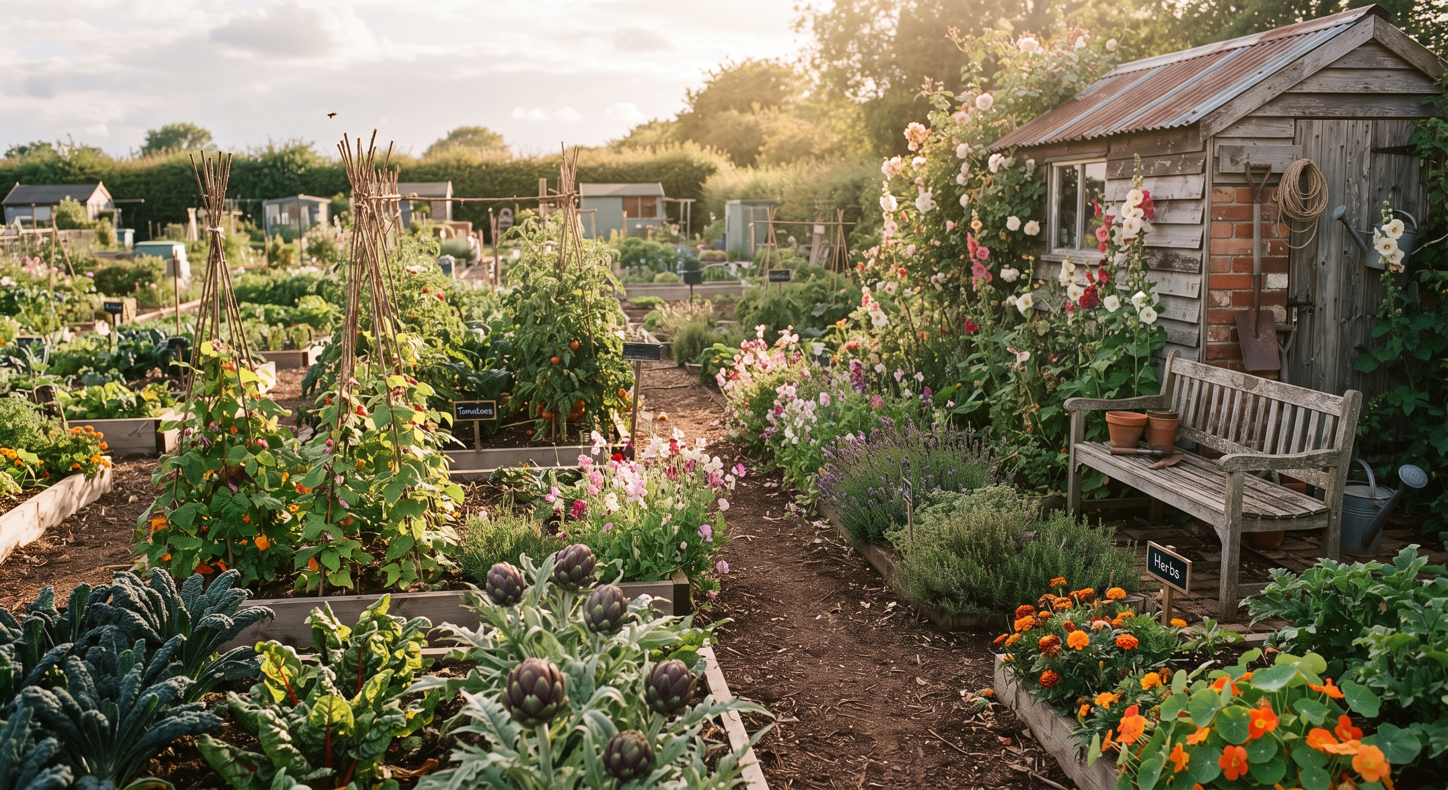 A man and woman working together on a sunlit allotment, surrounded by rows of vegetables and a small wooden shed