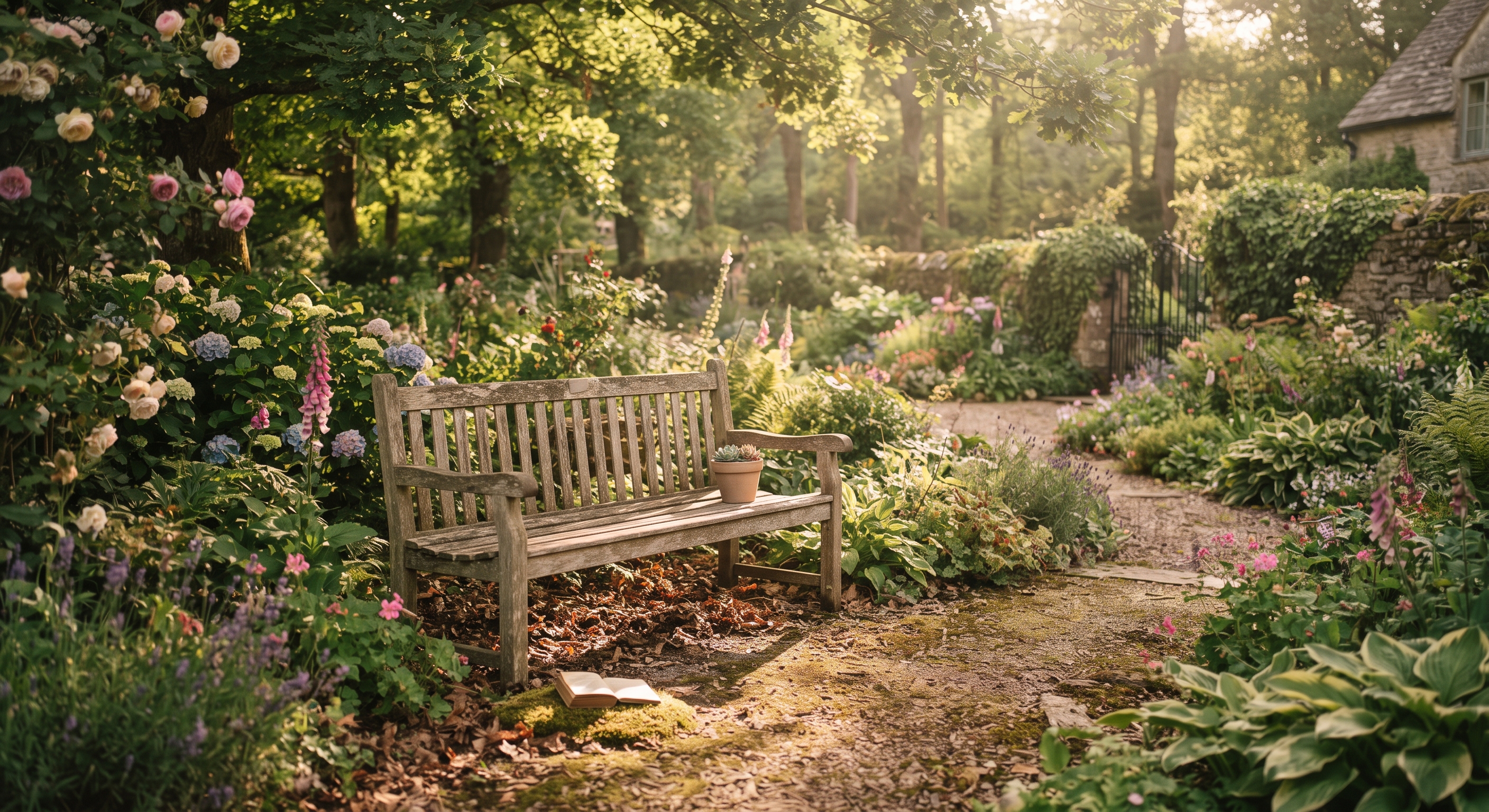 An empty wooden bench on a quiet hilltop overlooking green fields in late afternoon light