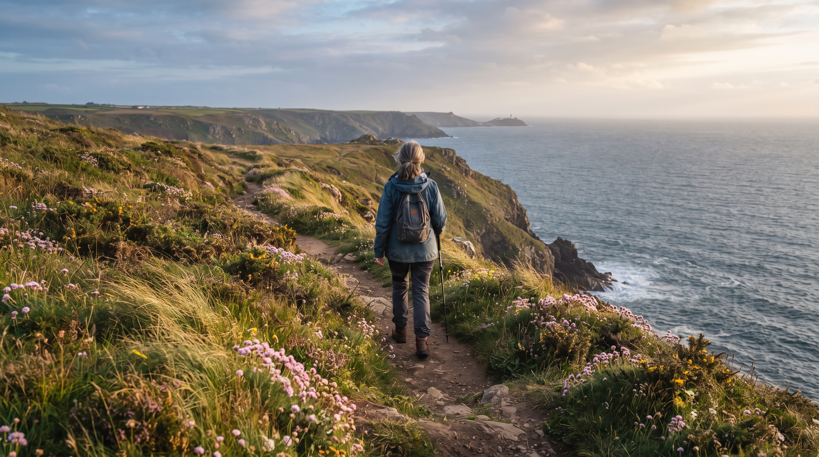 Two walkers in waterproof jackets on a coastal footpath above a grey-green sea