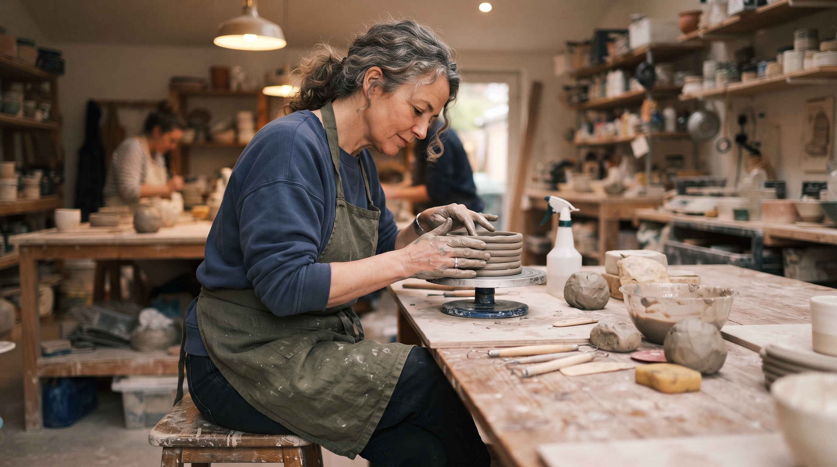 Hands shaping a clay bowl on a potter's wheel in a small, sunlit workshop