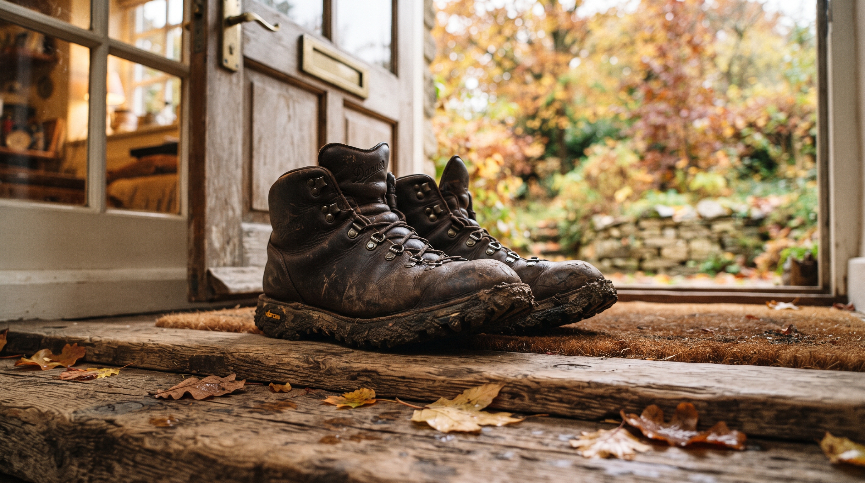 A pair of worn leather walking boots on a doorstep, laces loosened, with a grassy hillside path in the distance