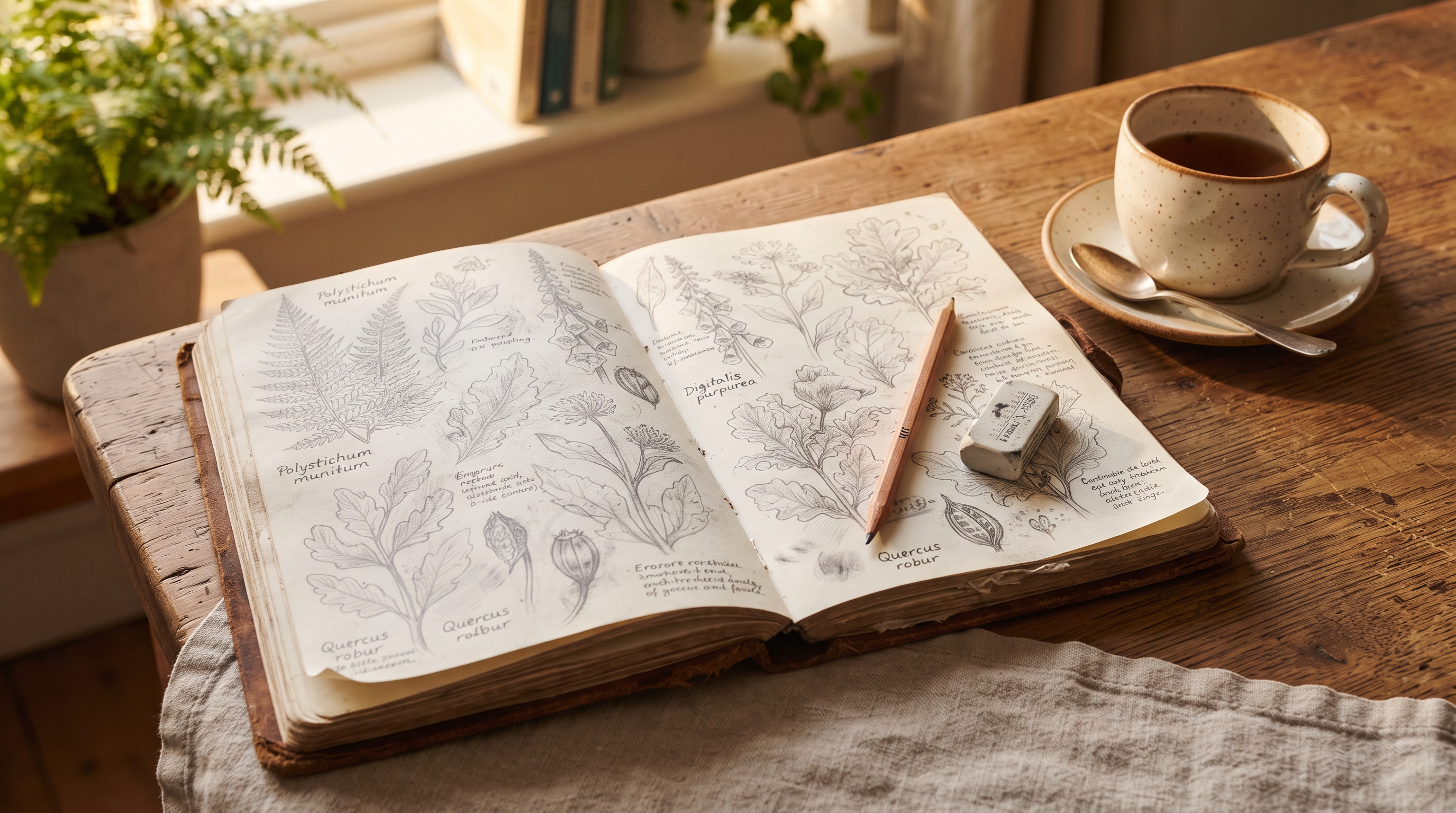 Hands holding a pencil over an open sketchbook on a garden table, a half-finished drawing of a tree on the page