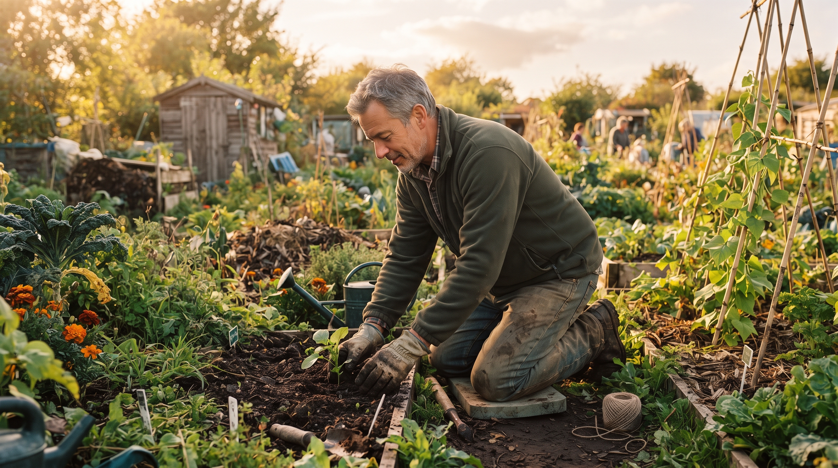 A couple in their late fifties working side by side on an allotment on a bright spring morning