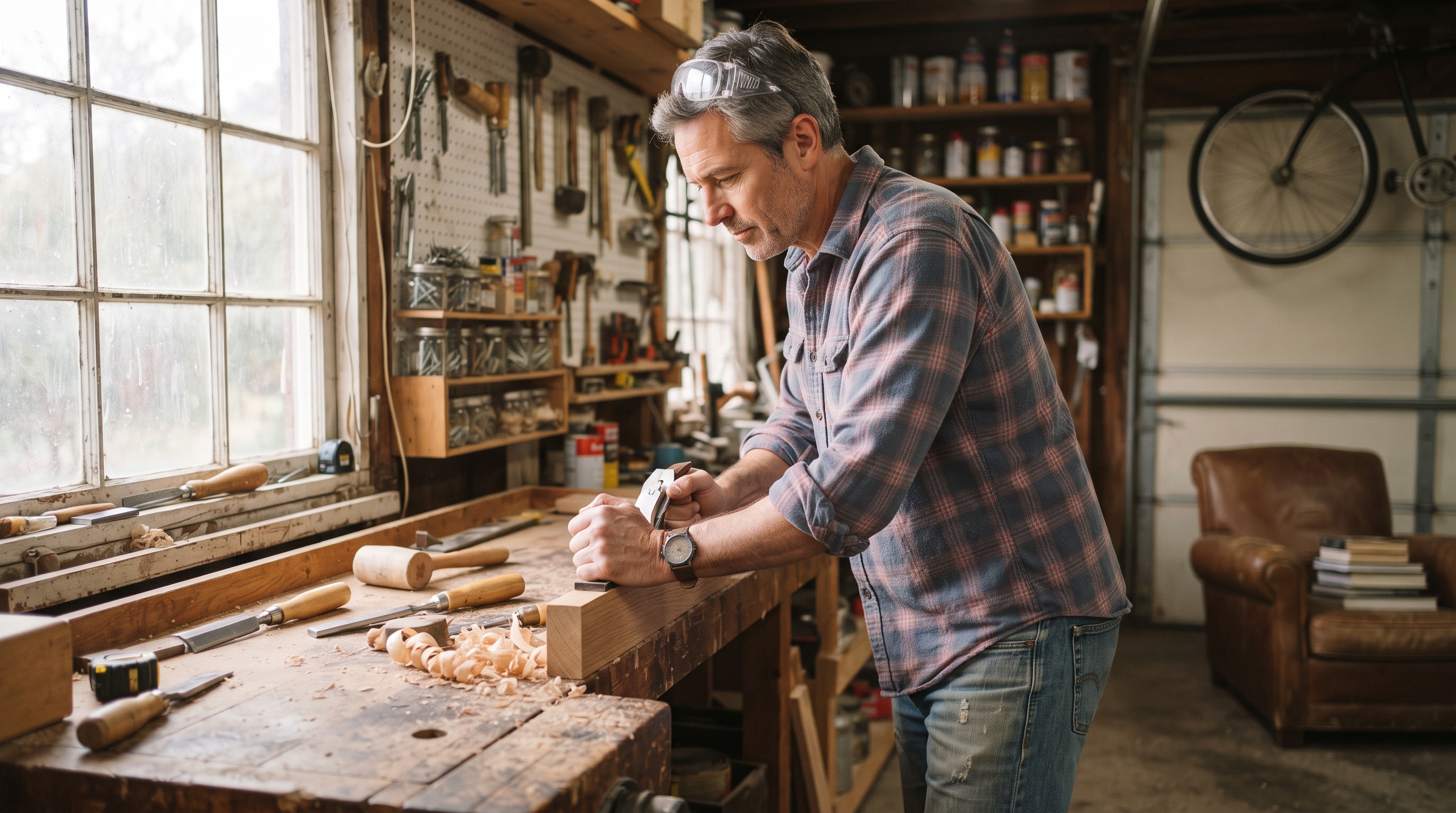 A man in his fifties sanding a wooden chair in a small, light-filled workshop