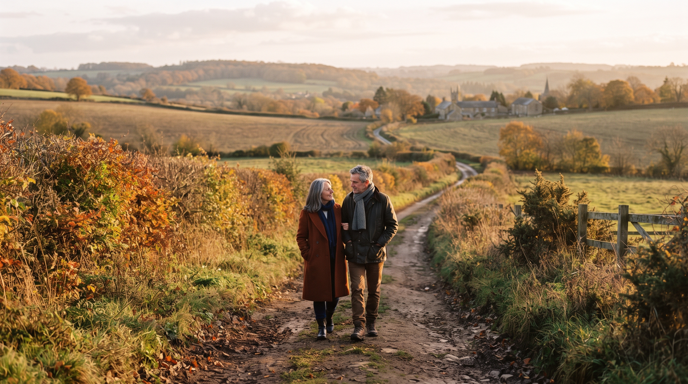 A woman in her fifties walking alone along a quiet country lane lined with hedgerows