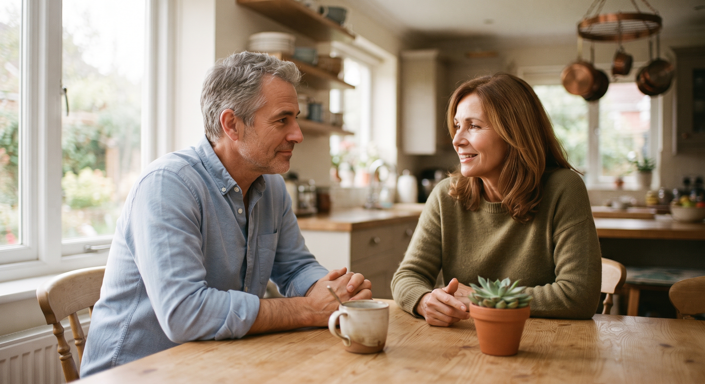 A couple in their fifties sitting side by side on a sofa, looking over papers together in soft evening light