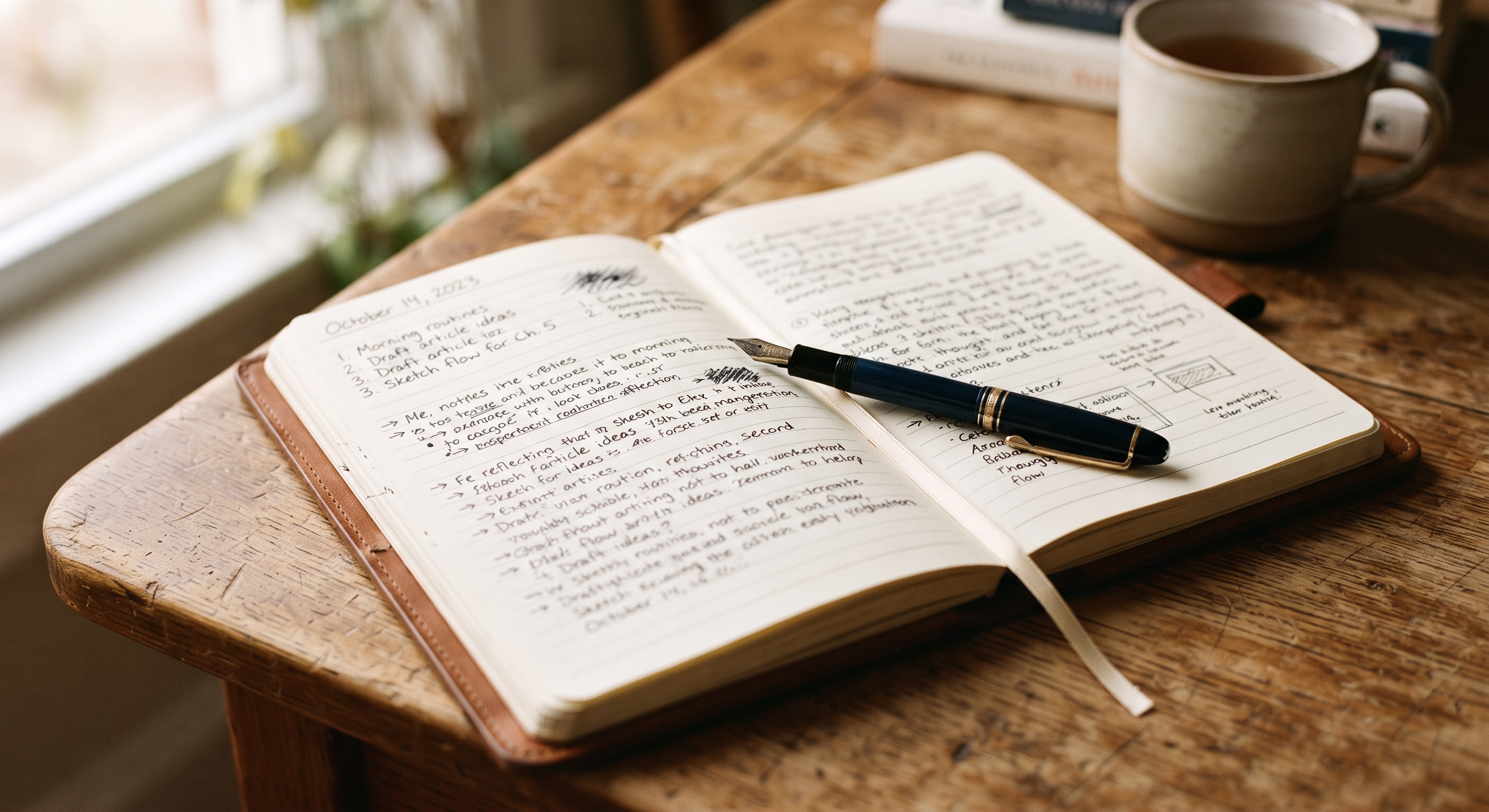An open notebook with a handwritten checklist and a pen resting beside a pair of reading glasses