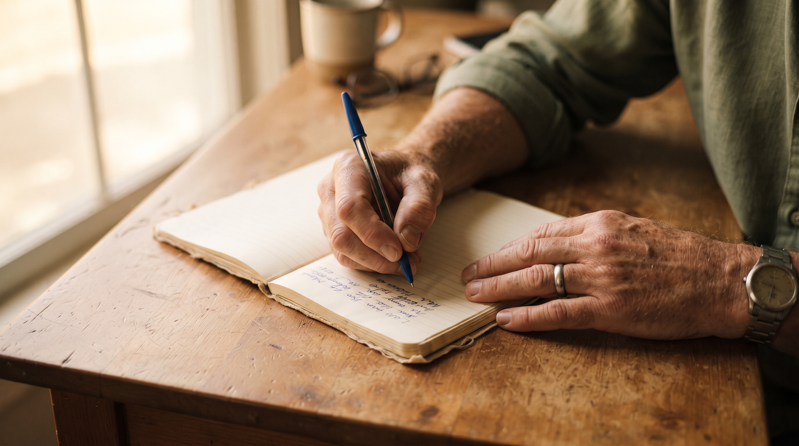 An open notebook and a cup of tea on a kitchen table beside a window, a pen resting across a half-written page
