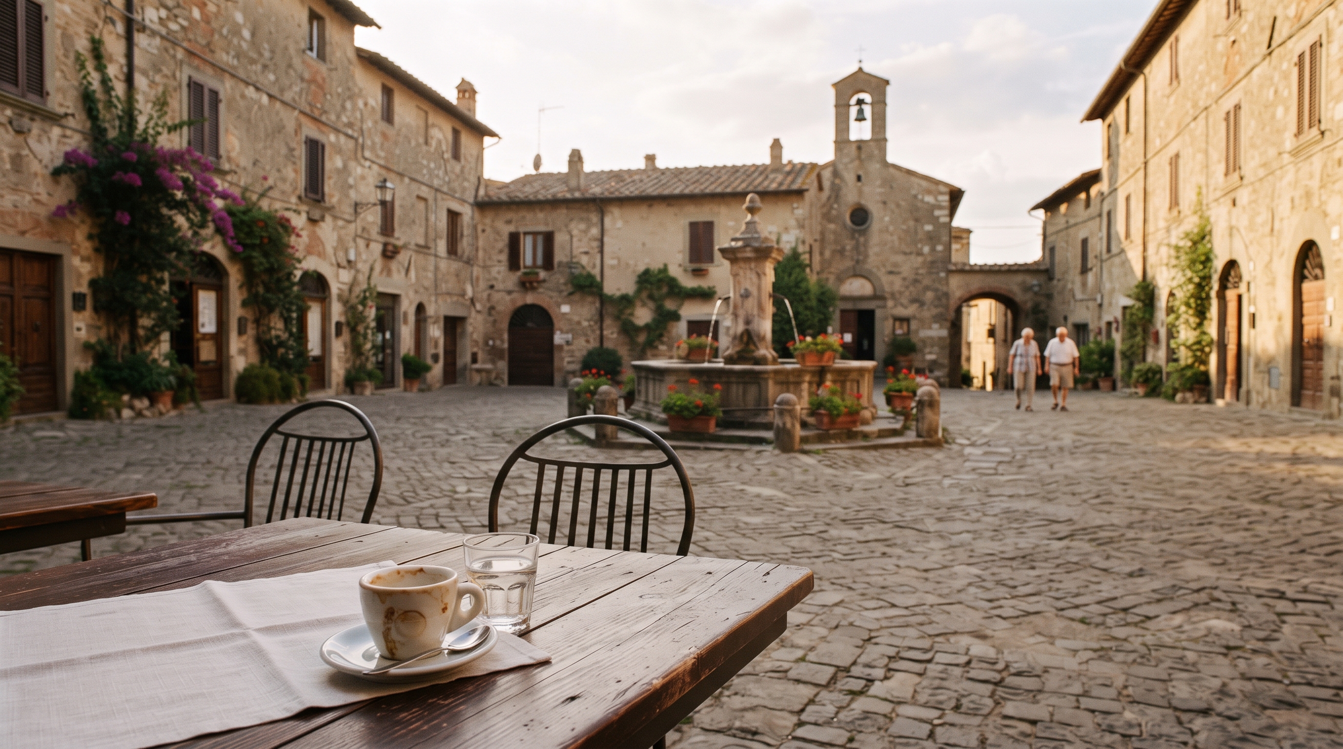A quiet town square in early evening, a single table outside a café with an open book and a glass of wine