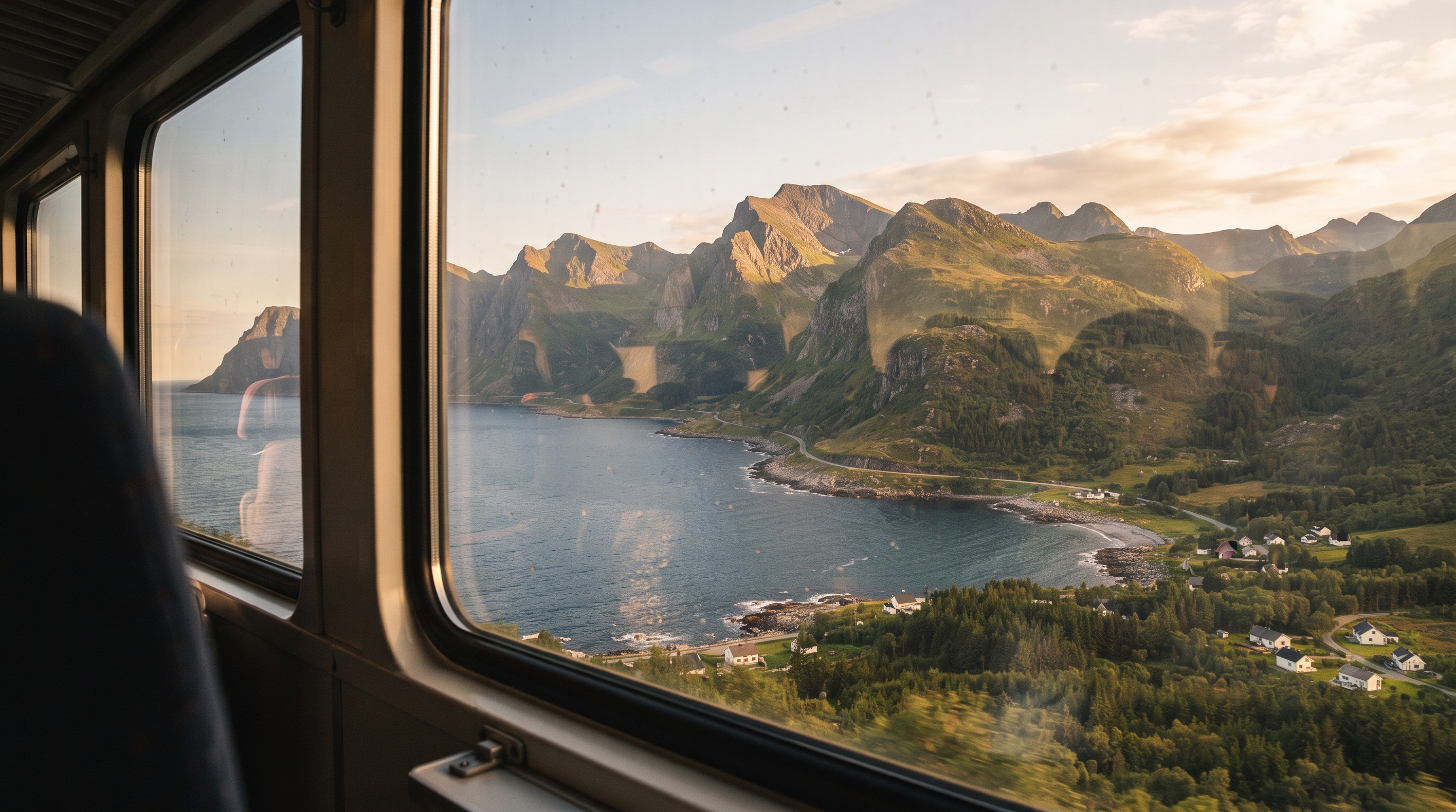View from a train window of mountains and a lake, a cup of tea resting on the small table