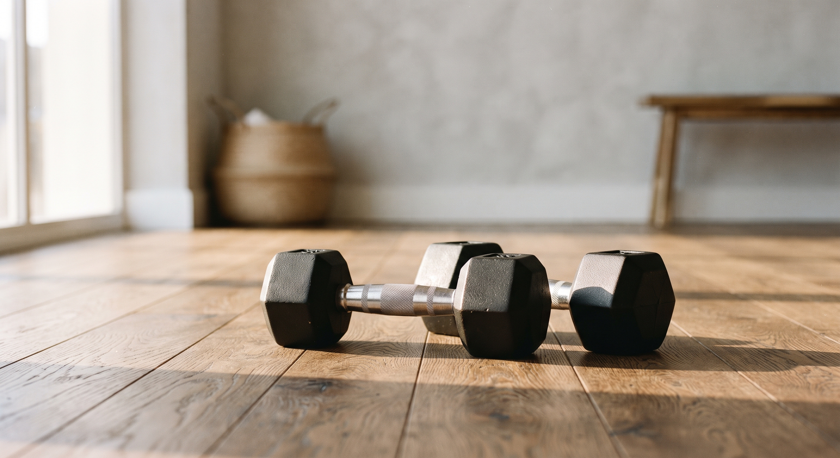 A pair of light dumbbells and a folded exercise mat on a wooden floor beside a window